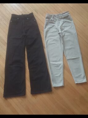 Two pairs of high-rise jeans - black Wide leg & biege Straight, size 2